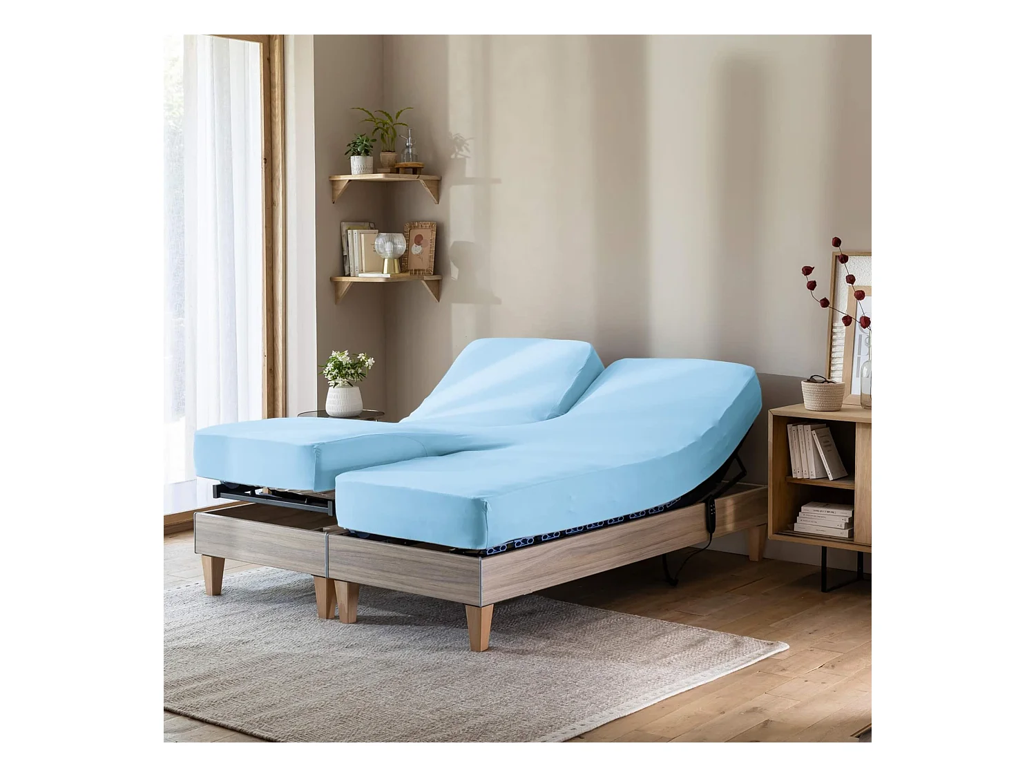 Drap housse bleu ciel pour lit articulé jersey extensible 2x70x190