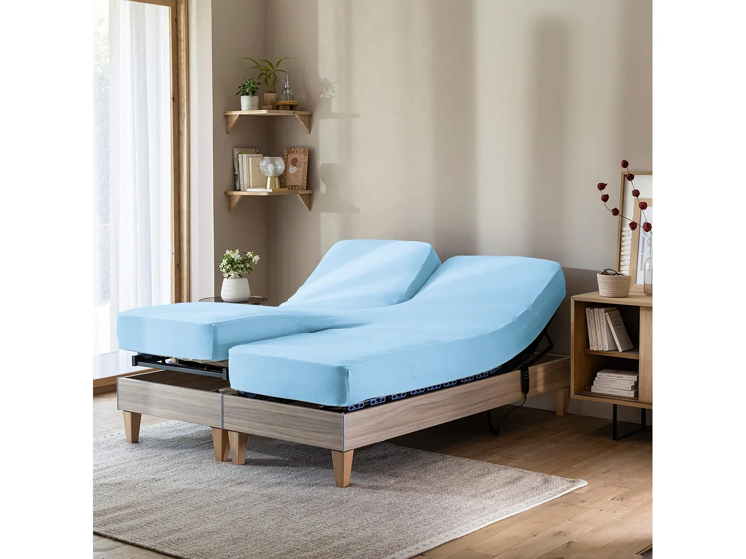 Drap housse bleu ciel pour lit articulé jersey extensible 2x70x190