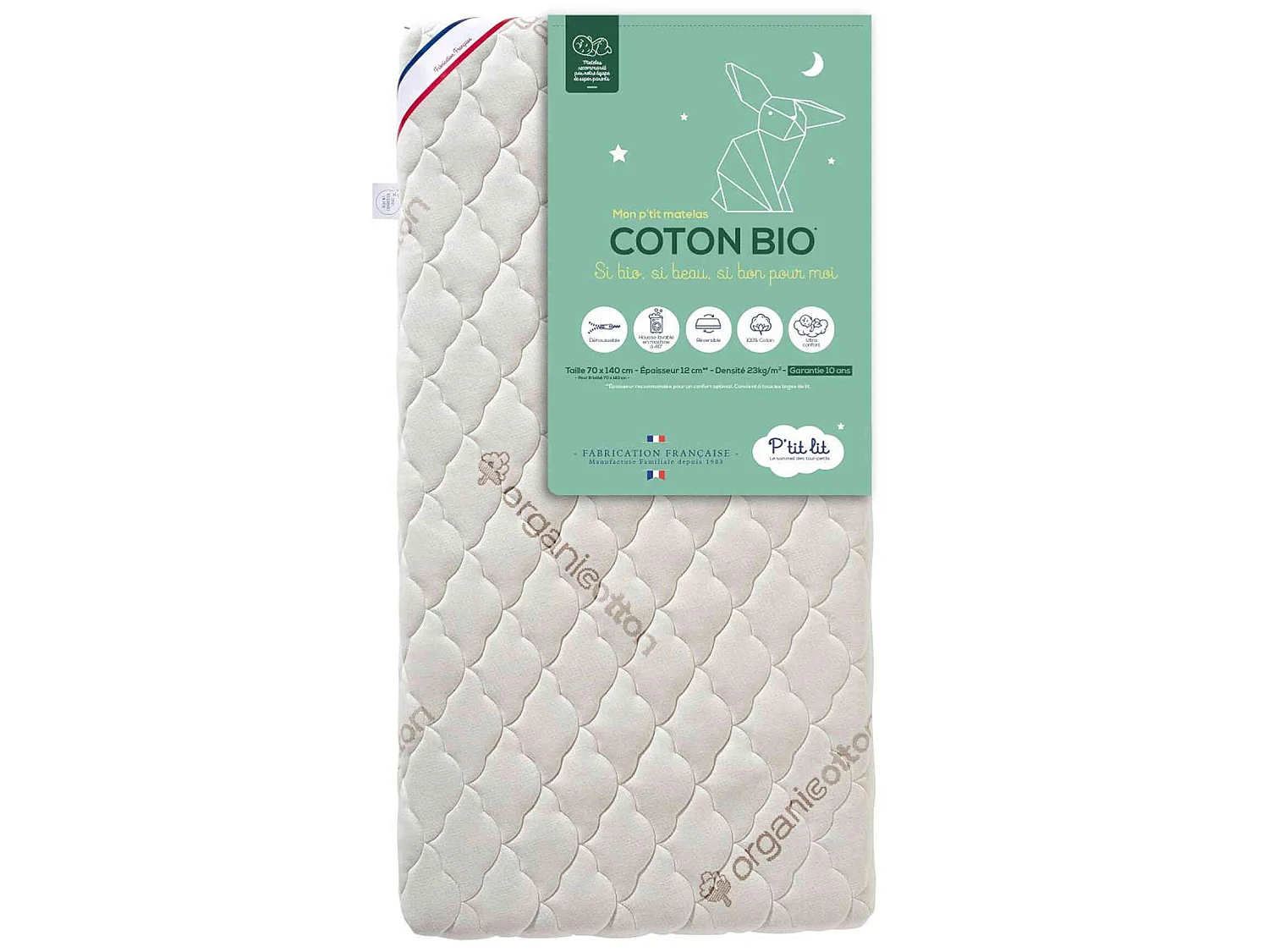 Matelas bébé sans traitement déhoussable coton bio 70x140