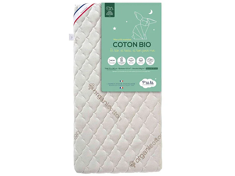Matelas bébé sans traitement déhoussable coton bio 60x120