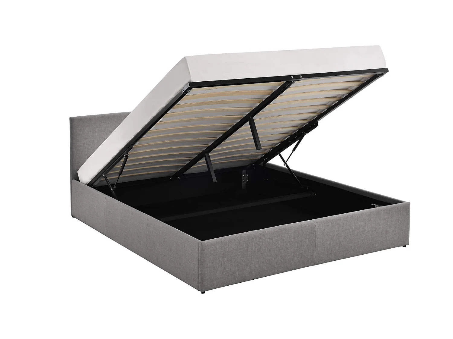 Lit coffre en bois massif avec tête de lit tissu gris et sommier à lattes 140x190 - LT17019