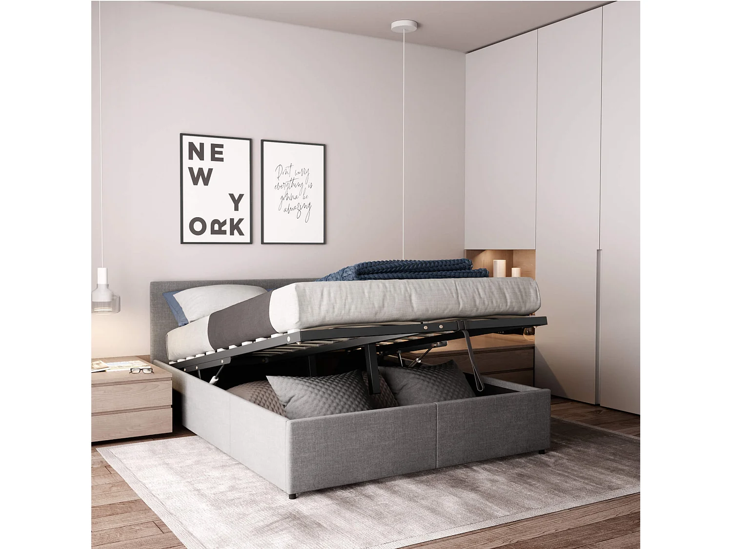 Lit coffre en bois massif avec tête de lit tissu gris et sommier à lattes 140x190 - LT17019