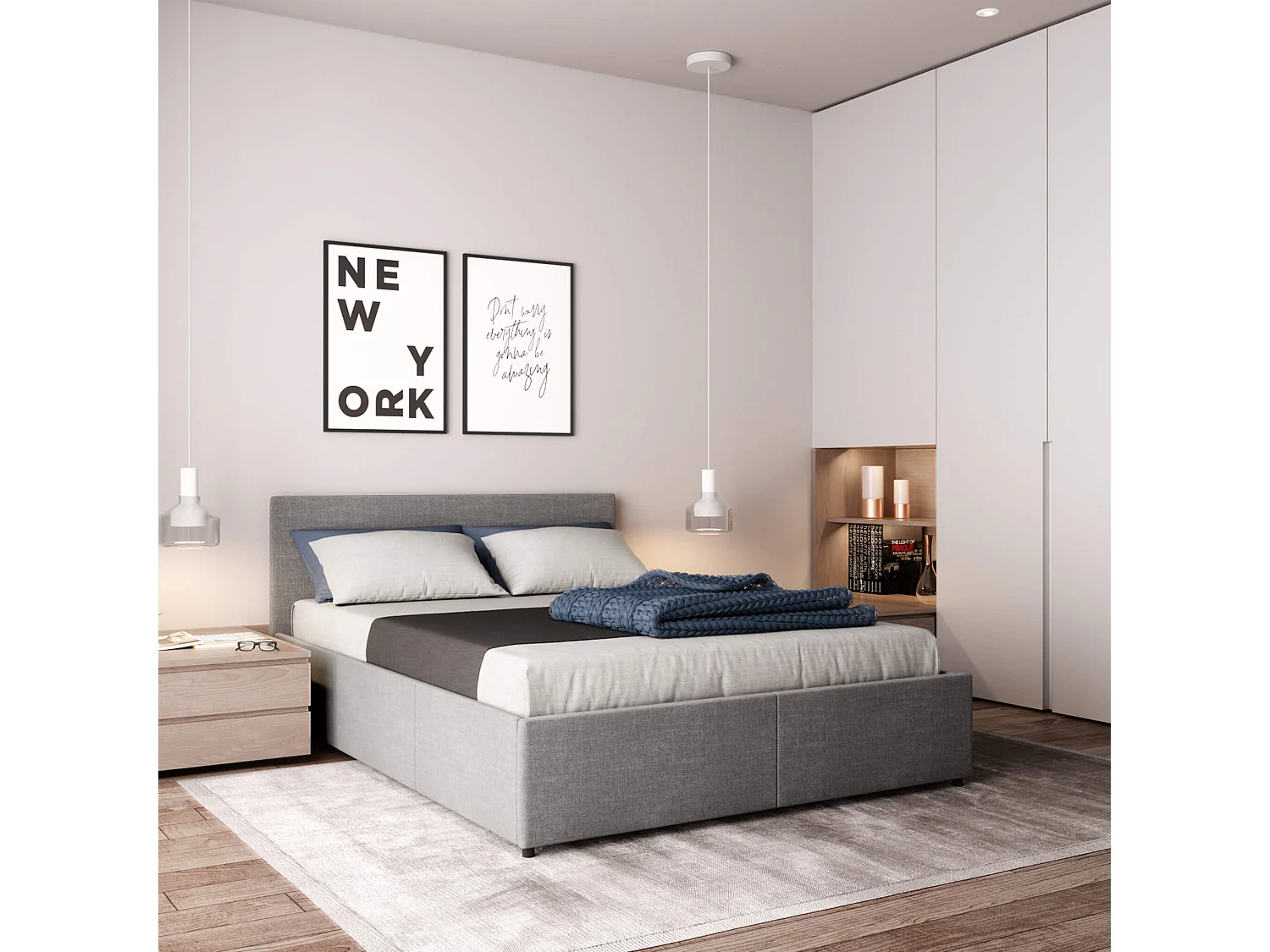 Lit coffre en bois massif avec tête de lit tissu gris et sommier à lattes 140x190 - LT17019