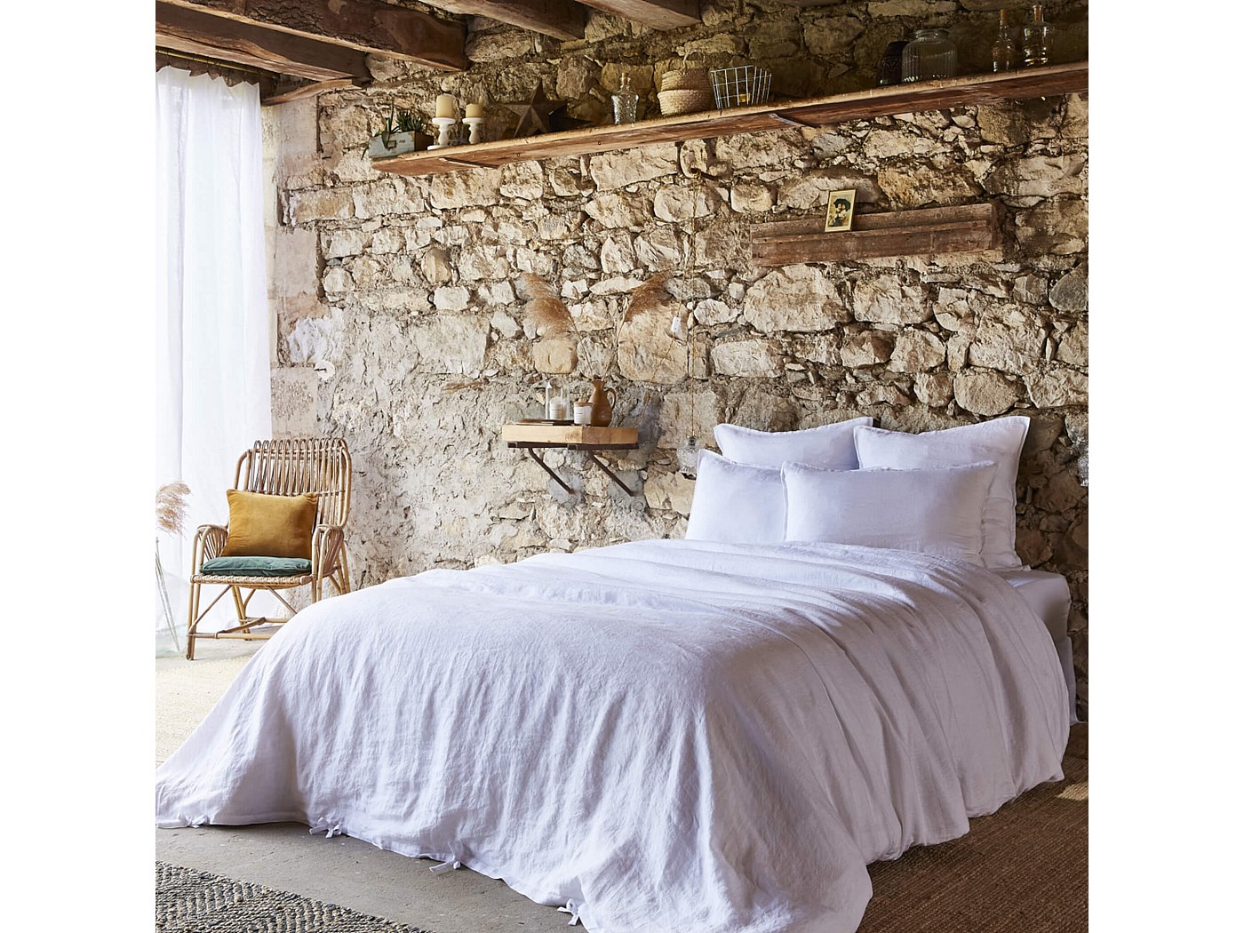 Pièce De Tissu En Lin Réversible - 280 X 100 Cm, écru Et Blanc, Motif Cœurs - Occasion