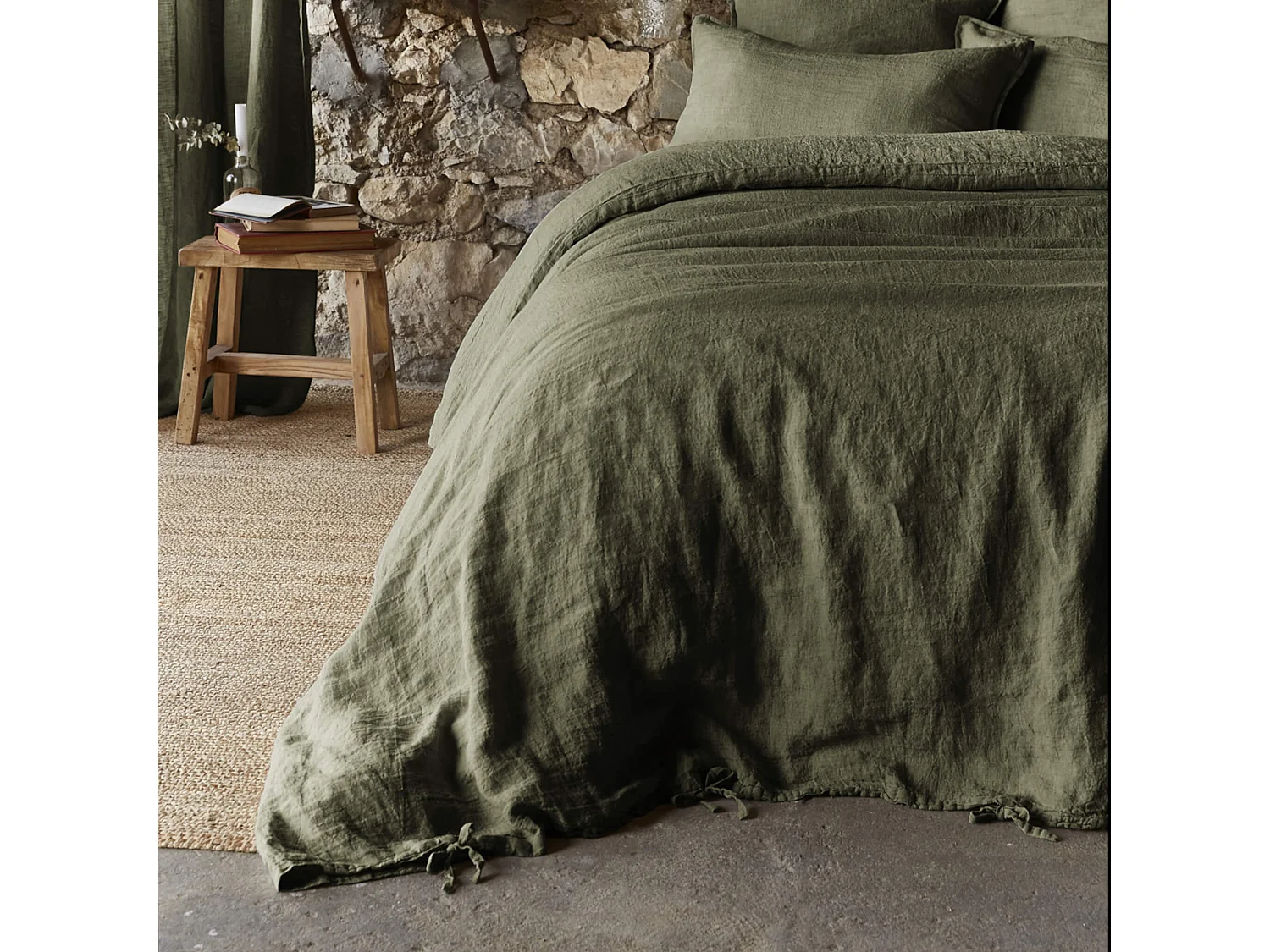 Housse de couette lin lavé kaki 260x240
