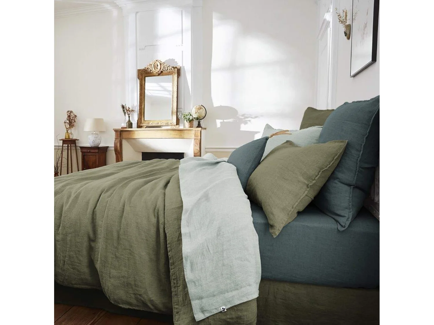 Drap plat lin lavé vert 240x300