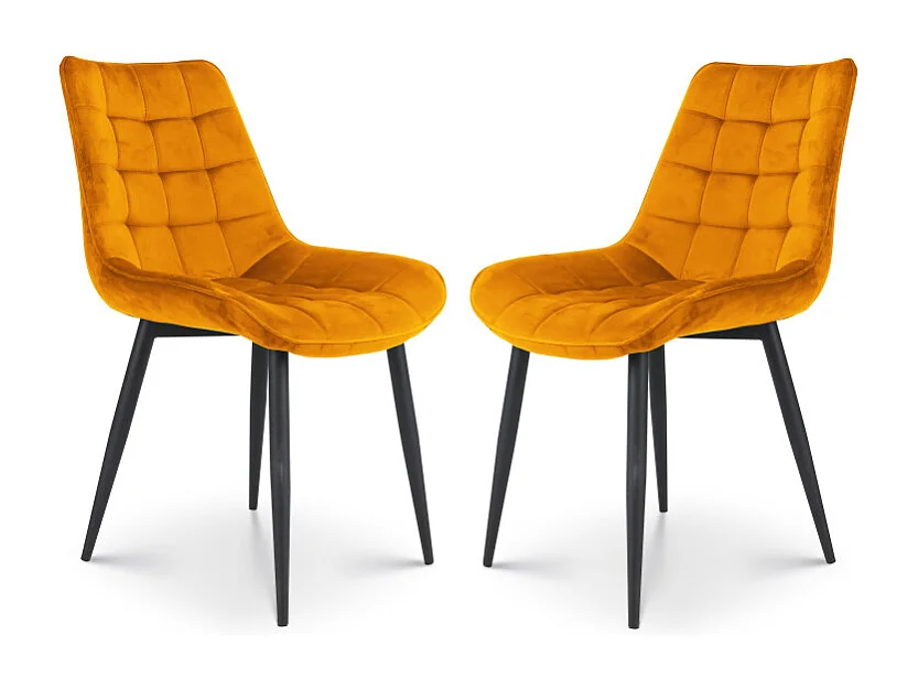 Lot de 2 chaises de salle à manger en velours jaune moutarde – Assise rembourrée confortable – Pieds en métal noir