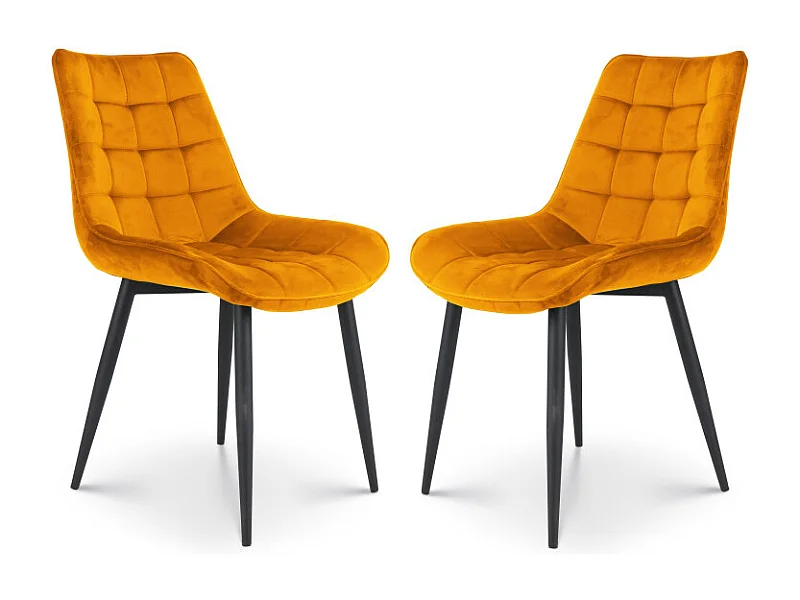 Lot de 2 chaises de salle à manger en velours jaune moutarde – Assise rembourrée confortable – Pieds en métal noir