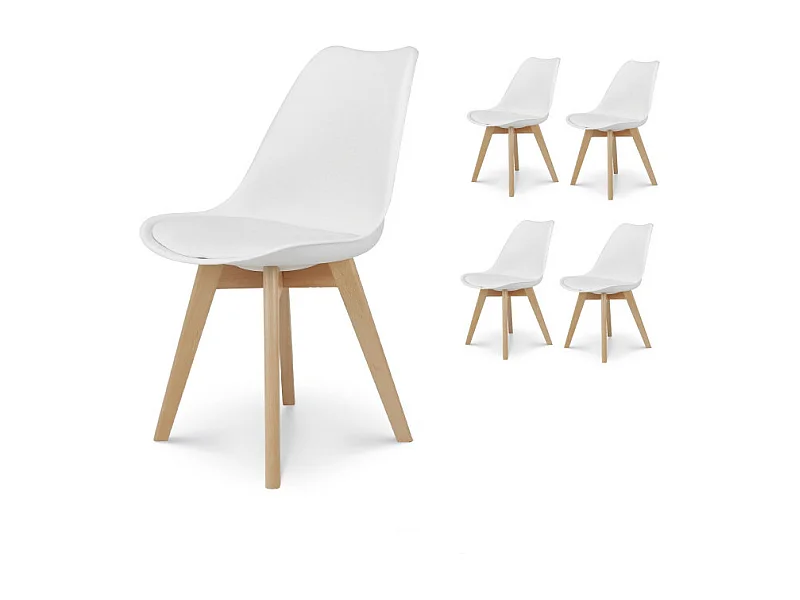 Lot de 4 chaises style scandinave VICTOIRE - Coque en résine blanche rembourrée et pieds en bois naturel