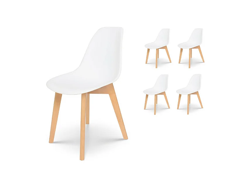 Lot de 4 chaises style scandinave modèle GABBY - Coque en résine blanche et pieds en bois naturel
