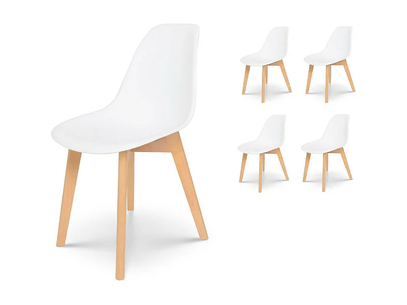 Lot de 4 chaises style scandinave modèle GABBY - Coque en résine blanche et pieds en bois naturel