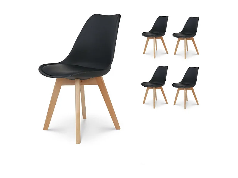 Lot de 4 chaises style scandinave VICTOIRE - Coque en résine noire rembourrée et Pieds en Bois Naturel