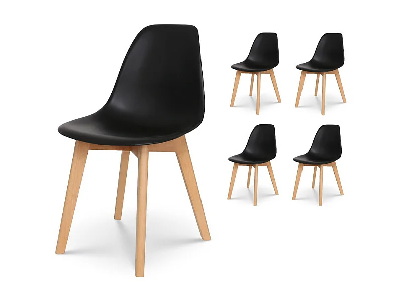 Lot de 4 chaises style scandinave modèle GABBY - Coque en résine noire et pieds en bois naturel