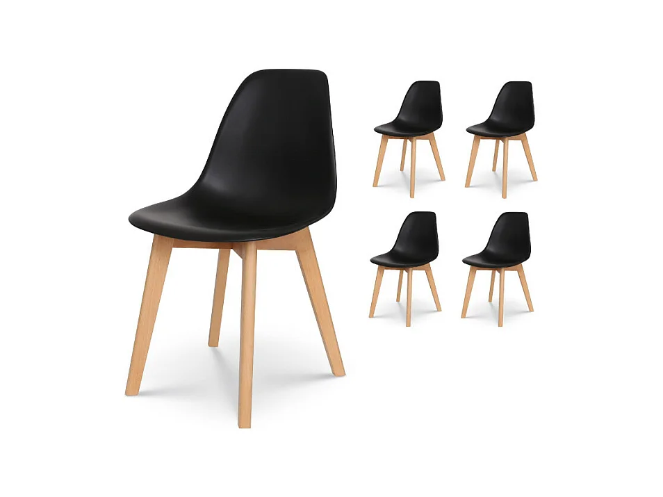 Lot de 4 chaises style scandinave modèle GABBY - Coque en résine noire et pieds en bois naturel