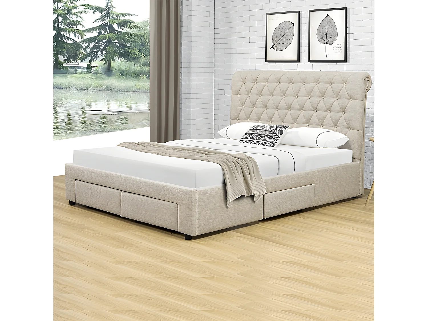 Lit Design Avec Tiroirs Hyde - Couleurs - Beige, Tailles - 140x190