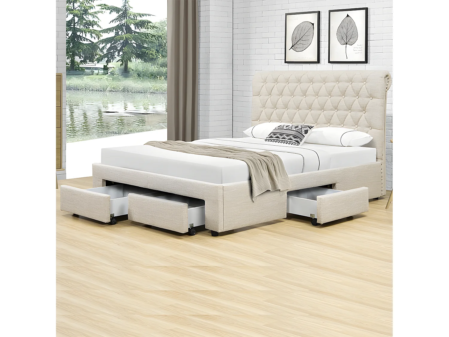 Lit Design Avec Tiroirs Hyde - Couleurs - Beige, Tailles - 140x190