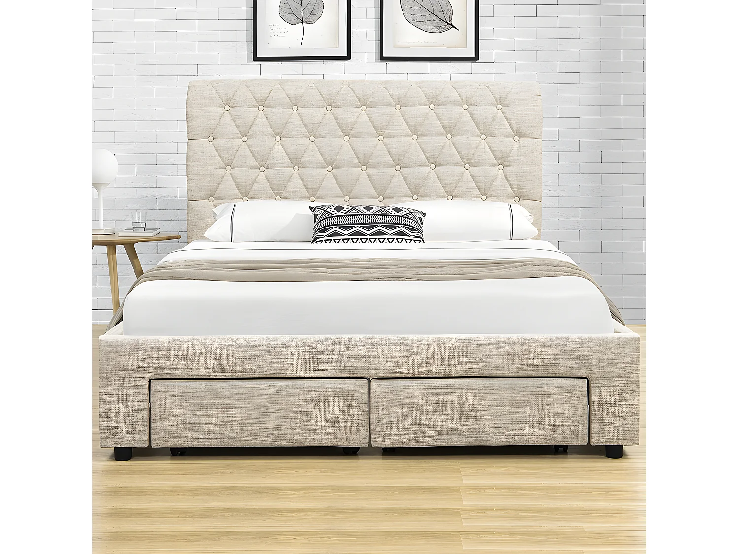 Lit Design Avec Tiroirs Hyde - Couleurs - Beige, Tailles - 140x190