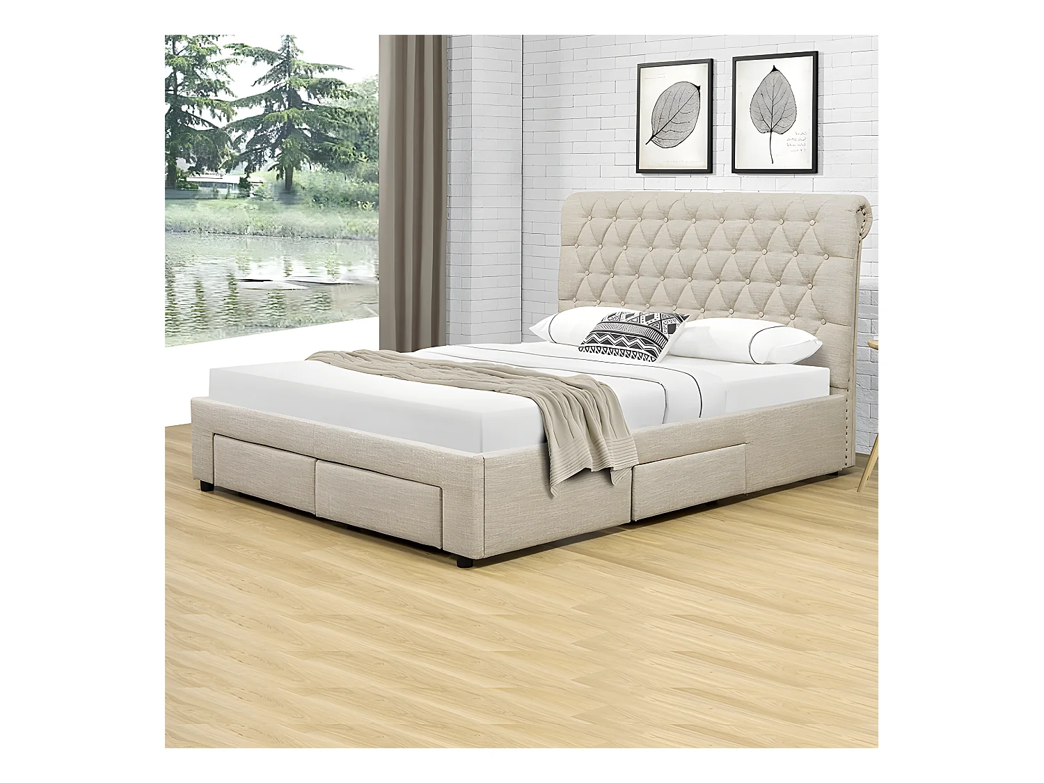 Lit Design Avec Tiroirs Hyde - Couleurs - Beige, Tailles - 140x190