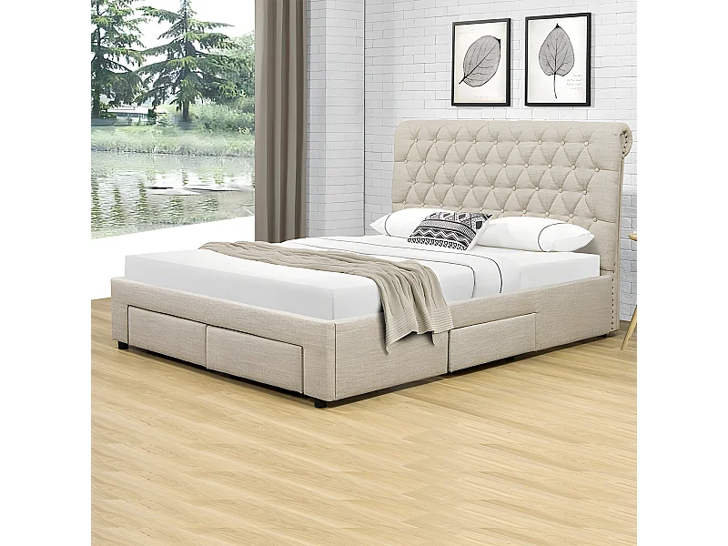 Lit Design Avec Tiroirs Hyde - Couleurs - Beige, Tailles - 180x200