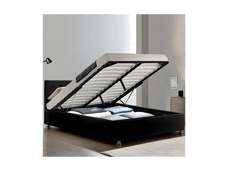 Lit Complet Sommier Relevable + Tête De Lit + Cadre De Lit Capitole - Couleurs - Noir, Tailles - 140