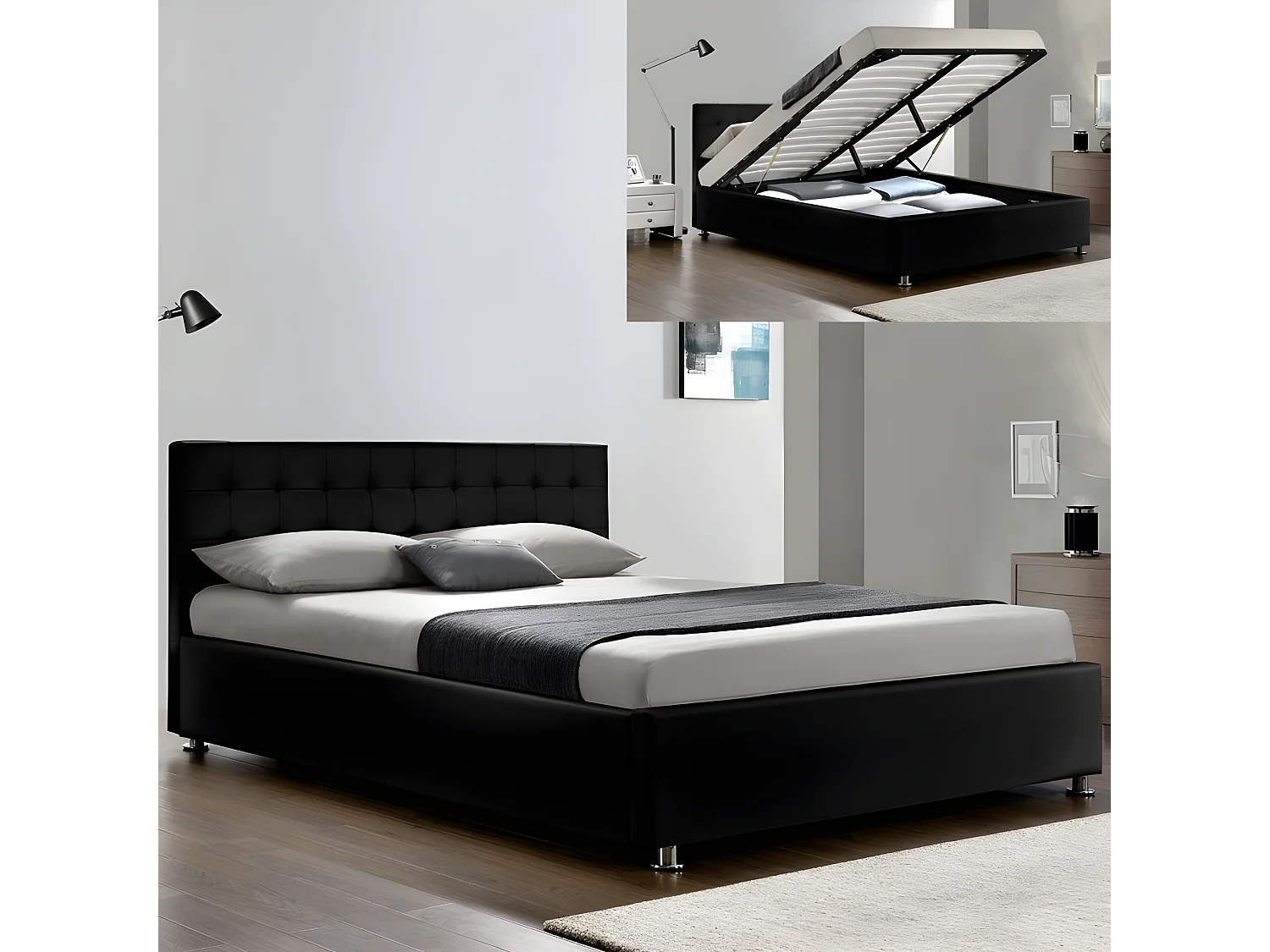 Lit Complet Sommier Relevable + Tête De Lit + Cadre De Lit Capitole - Couleurs - Noir, Tailles - 140