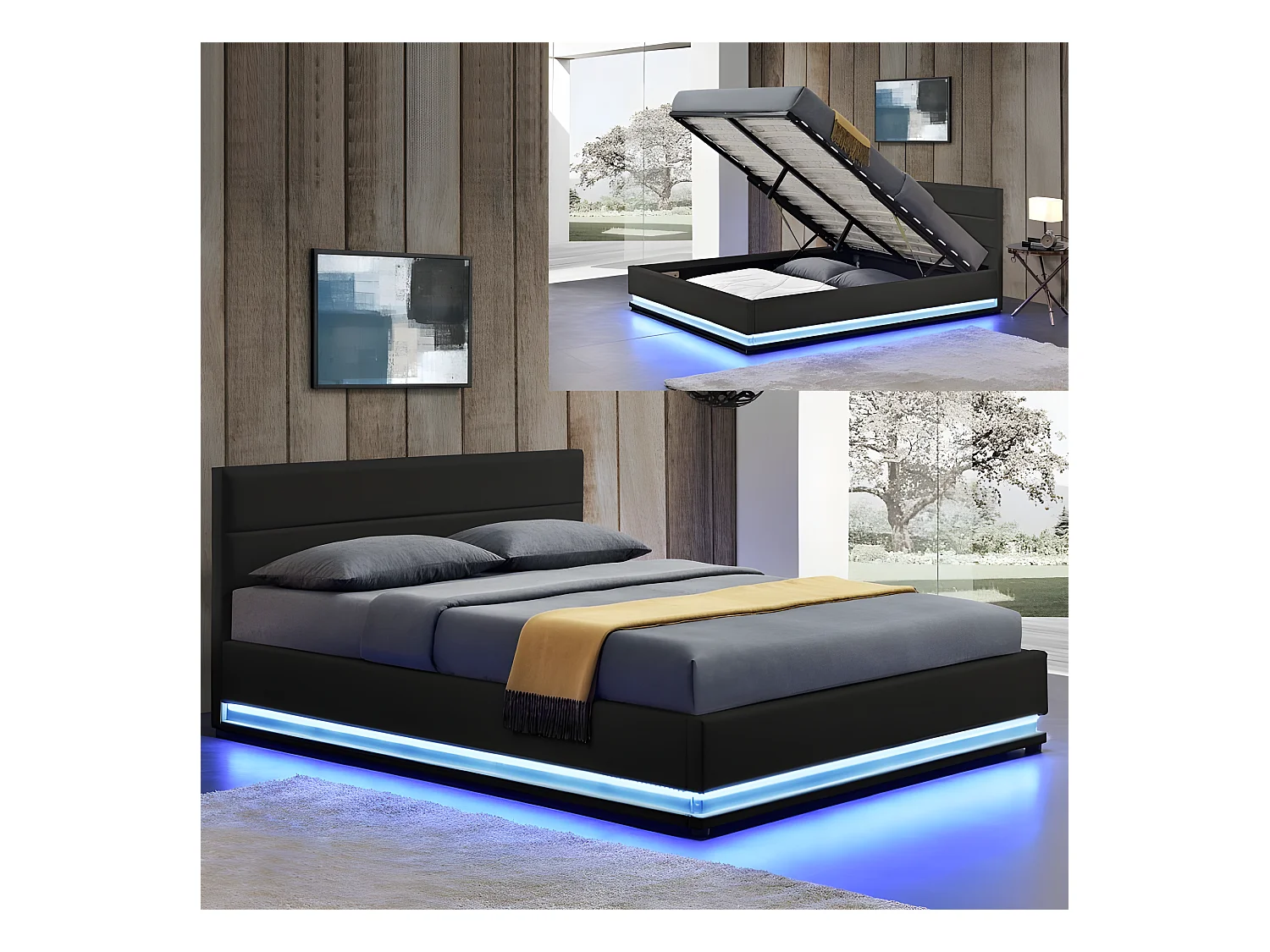 Lit Led Avec Coffre De Rangement Ava - Couleurs - Noir, Tailles - 140x190