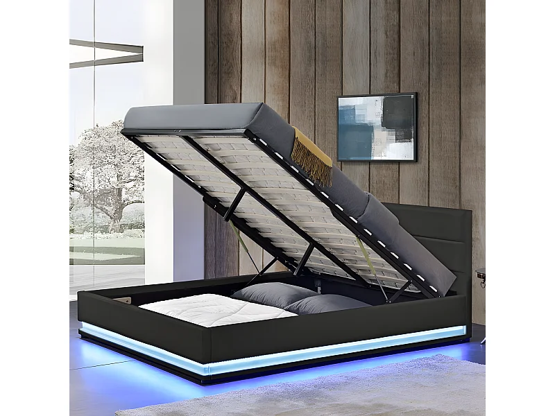 Lit Led Avec Coffre De Rangement Ava - Couleurs - Noir, Tailles - 140x190