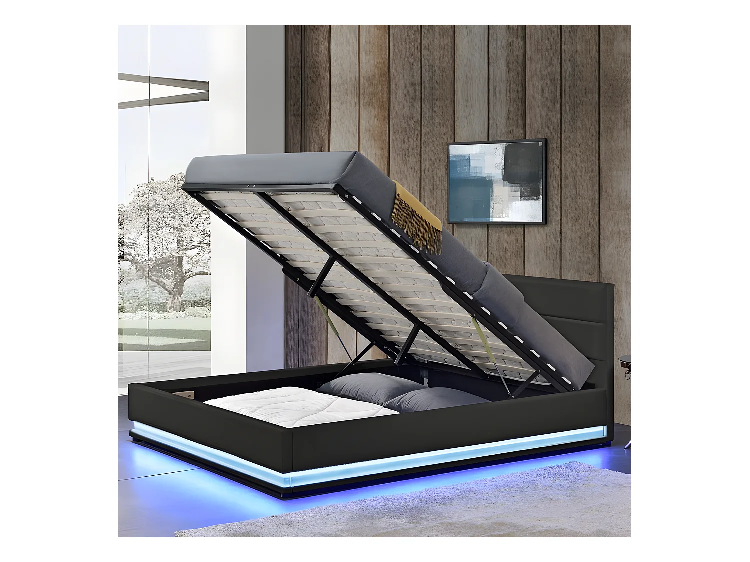 Lit Led Avec Coffre De Rangement Ava - Couleurs - Noir, Tailles - 90x190