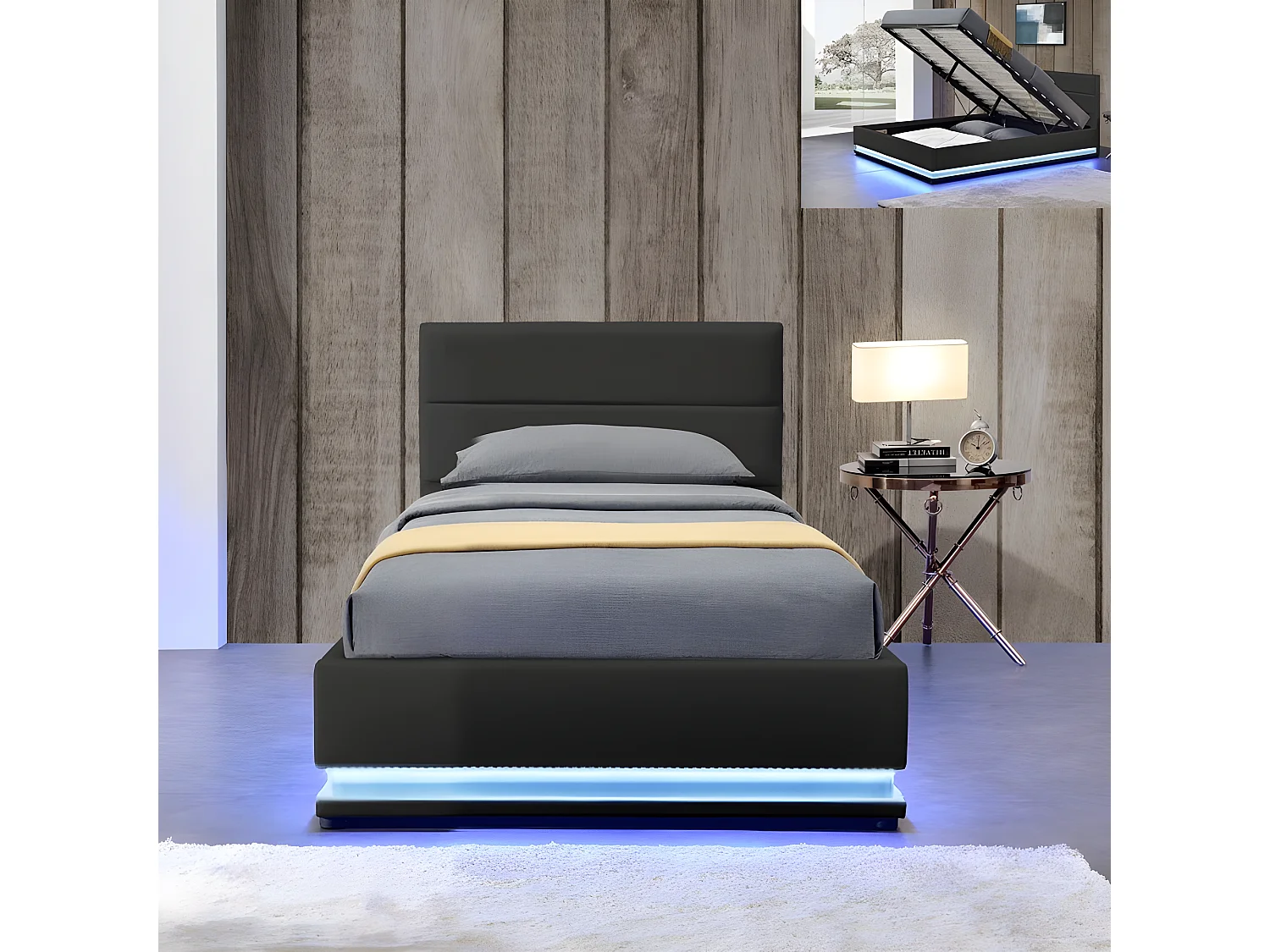 Lit Led Avec Coffre De Rangement Ava - Couleurs - Noir, Tailles - 90x190