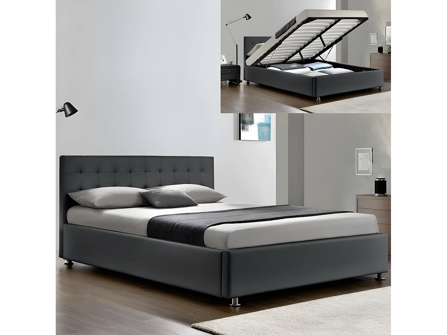 Lit Complet Sommier Relevable + Tête De Lit + Cadre De Lit Capitole - Couleurs - Gris, Tailles - 160