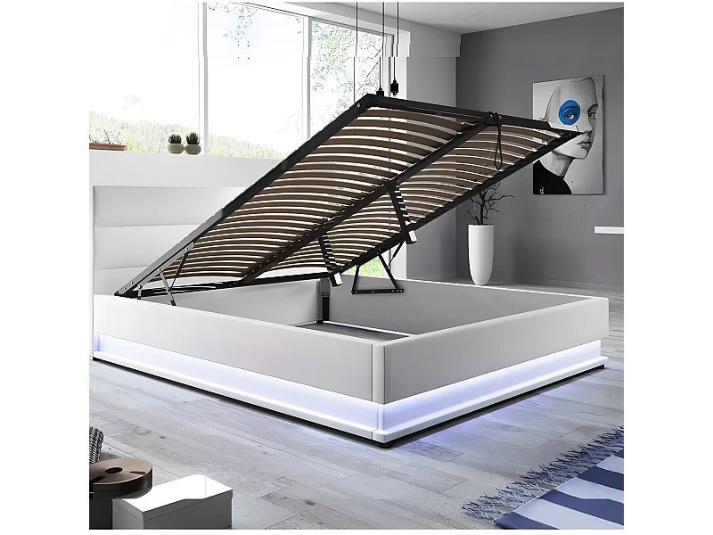 Lit Led Avec Coffre De Rangement Ava - Couleurs - Blanc, Tailles - 140x190