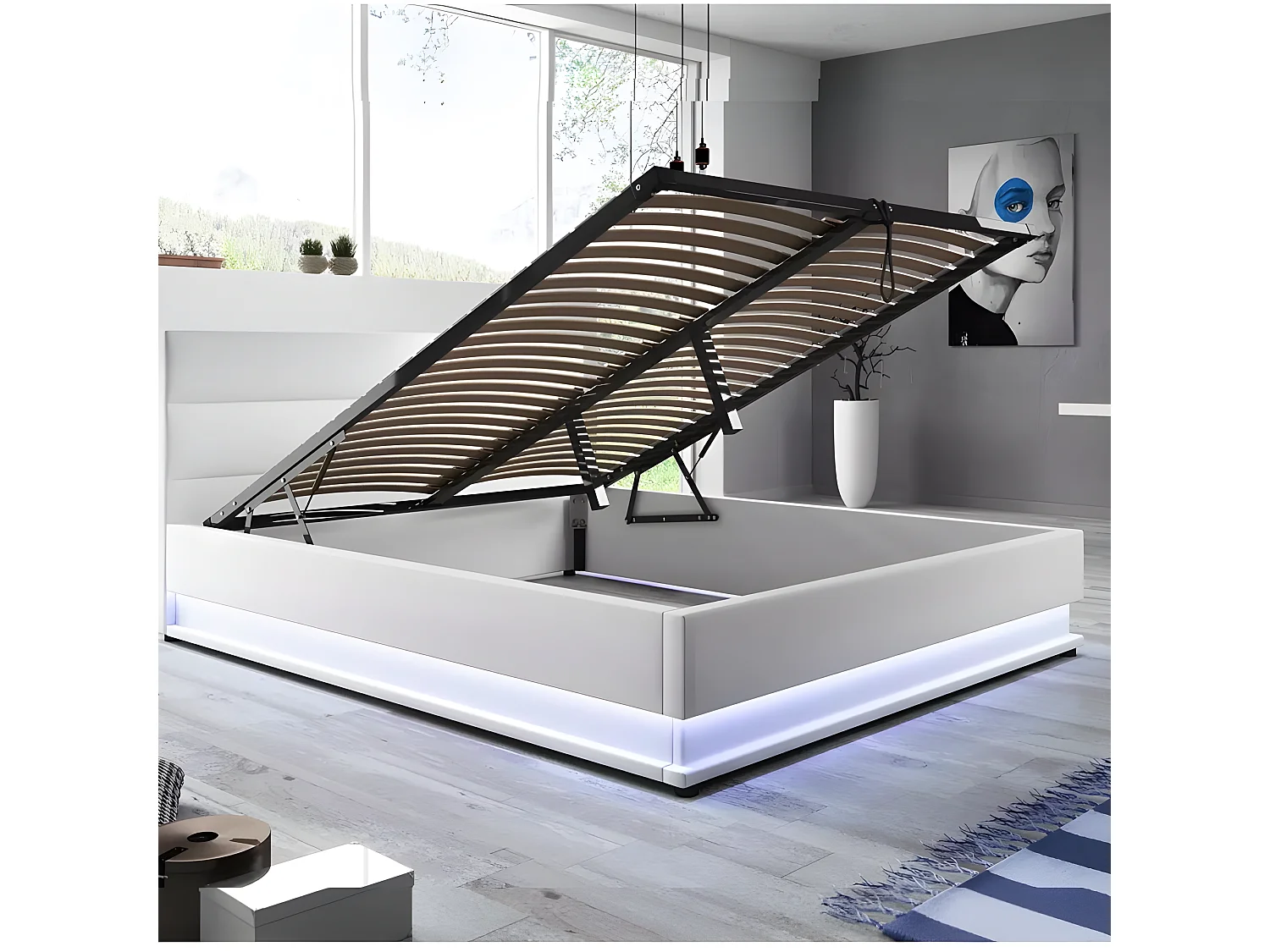 Lit Led Avec Coffre De Rangement Ava - Couleurs - Blanc, Tailles - 140x190