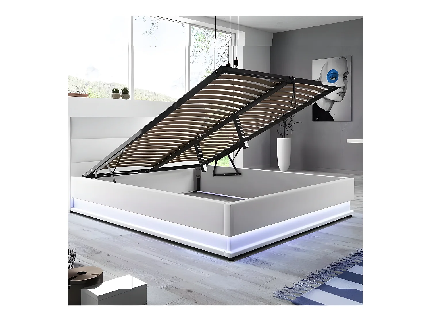 Lit Led Avec Coffre De Rangement Ava - Couleurs - Blanc, Tailles - 140x190