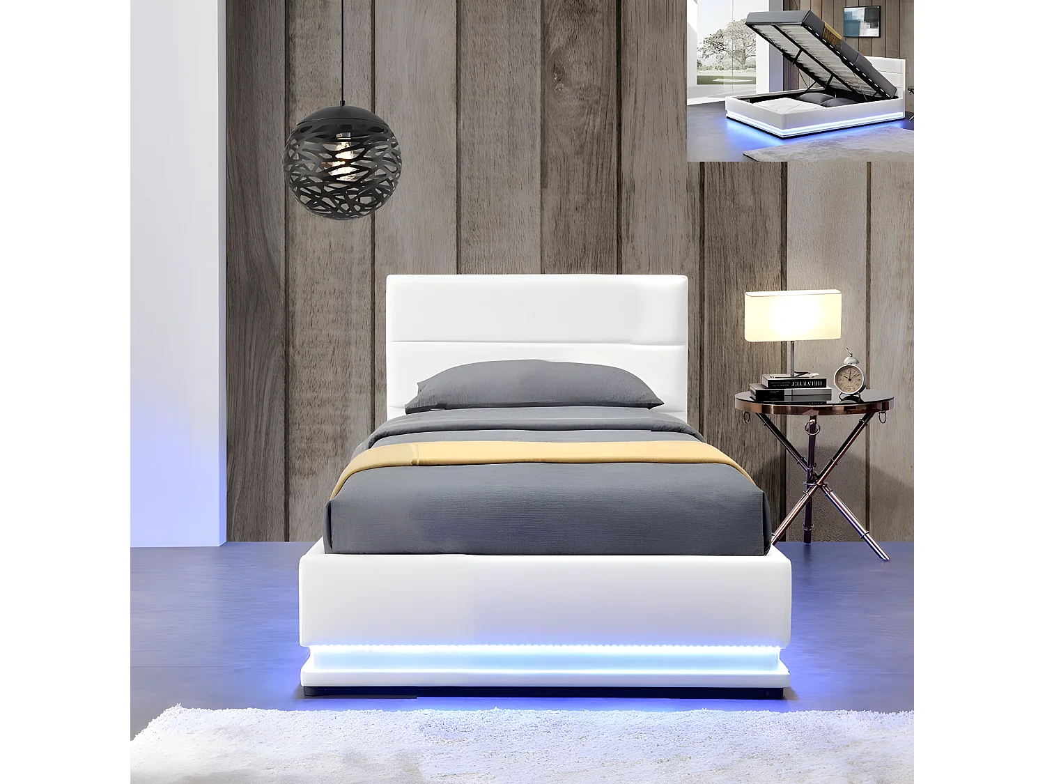 Lit Led Avec Coffre De Rangement Ava - Couleurs - Blanc, Tailles - 90x190