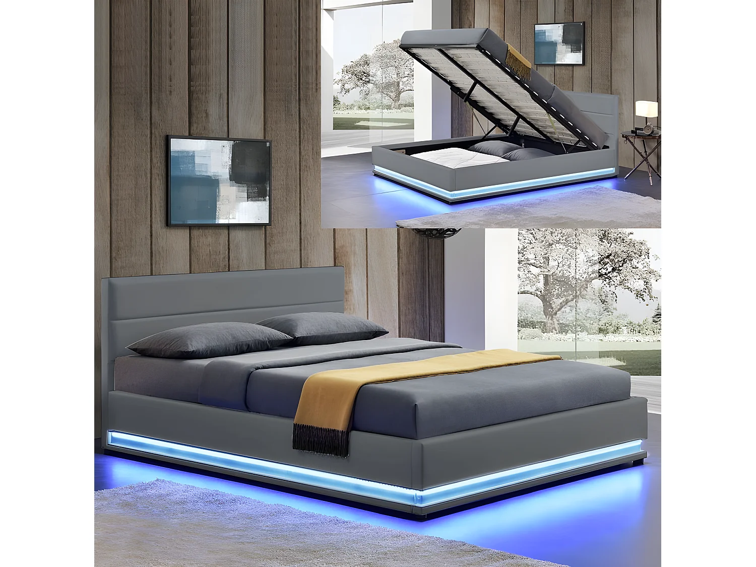 Lit Led Avec Coffre De Rangement Ava - Couleurs - Gris, Tailles - 160x200