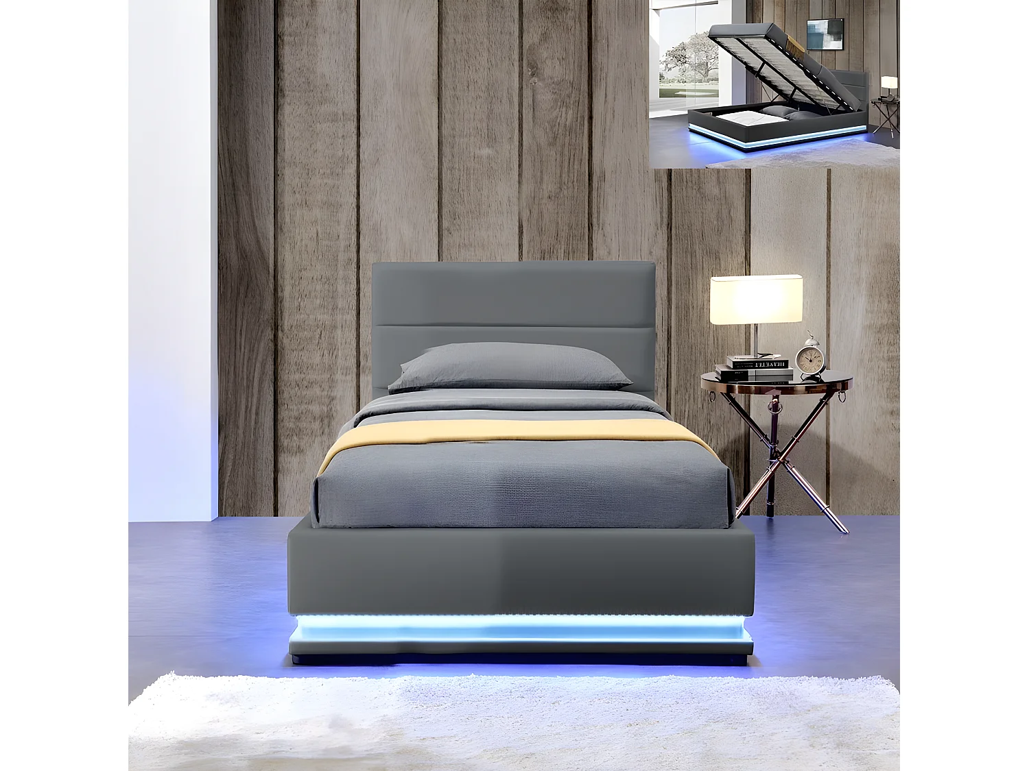Lit Led Avec Coffre De Rangement Ava - Couleurs - Gris, Tailles - 90x190