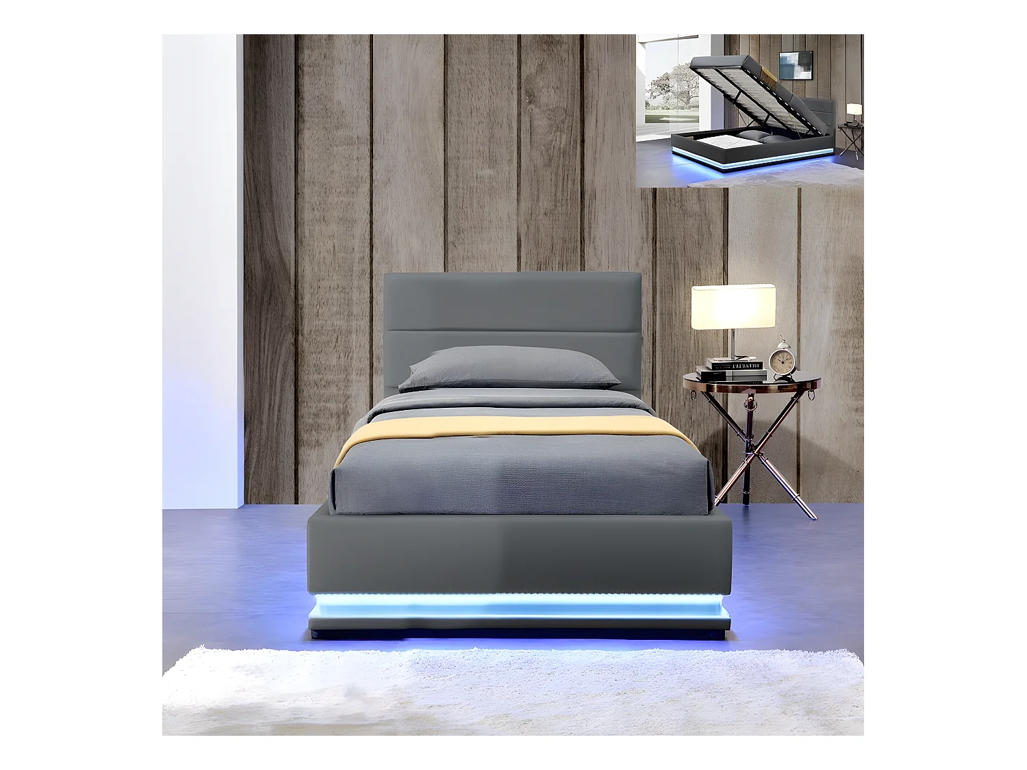 Lit Led Avec Coffre De Rangement Ava - Couleurs - Gris, Tailles - 90x190