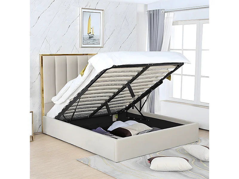 Lit Coffre Effet Laiton Et Velours Maria - Couleurs - Gris, Tailles - 160x200