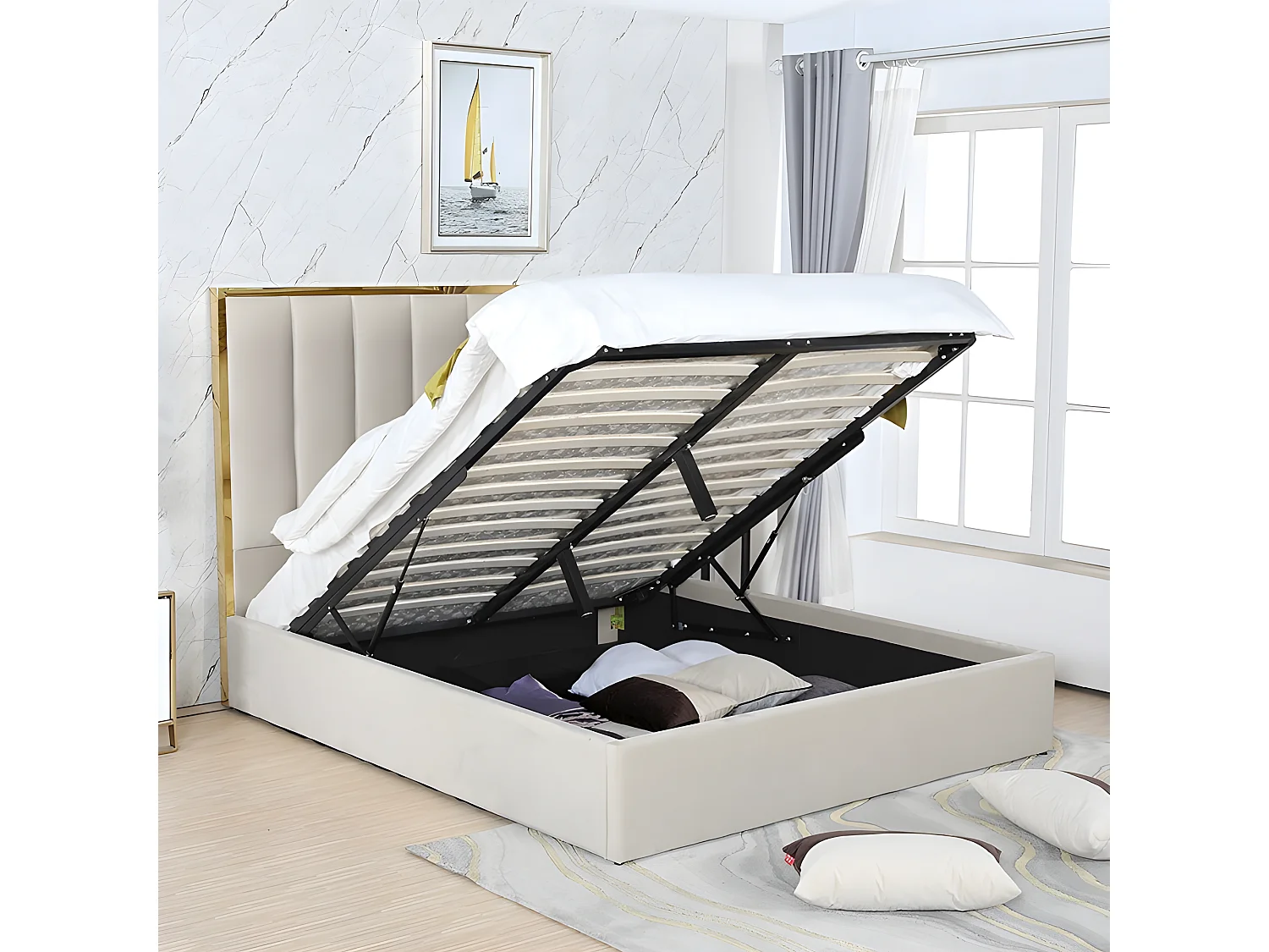 Lit Coffre Effet Laiton Et Velours Maria - Couleurs - Gris, Tailles - 160x200