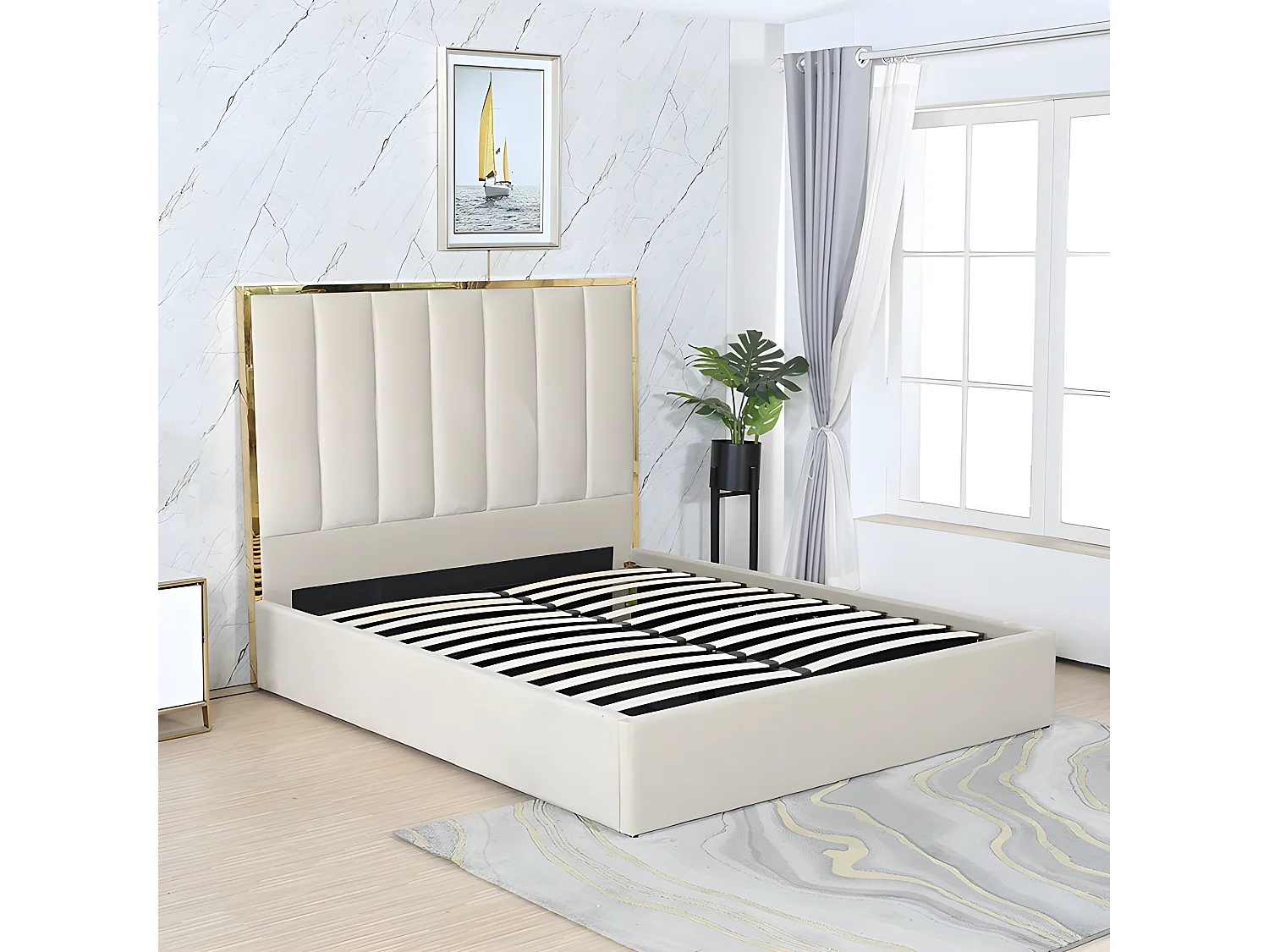 Lit Coffre Effet Laiton Et Velours Maria - Couleurs - Gris, Tailles - 160x200