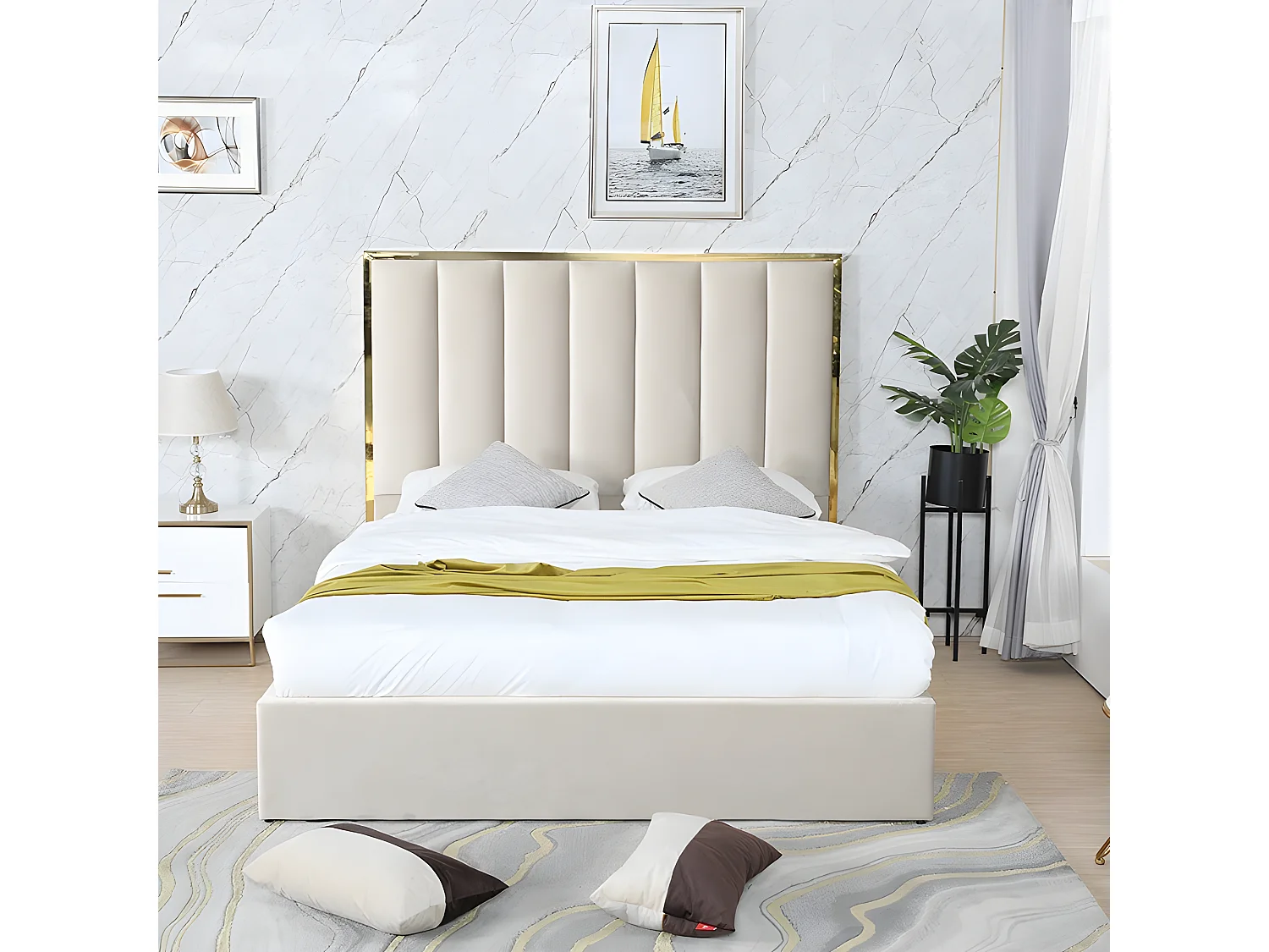 Lit Coffre Effet Laiton Et Velours Maria - Couleurs - Gris, Tailles - 160x200