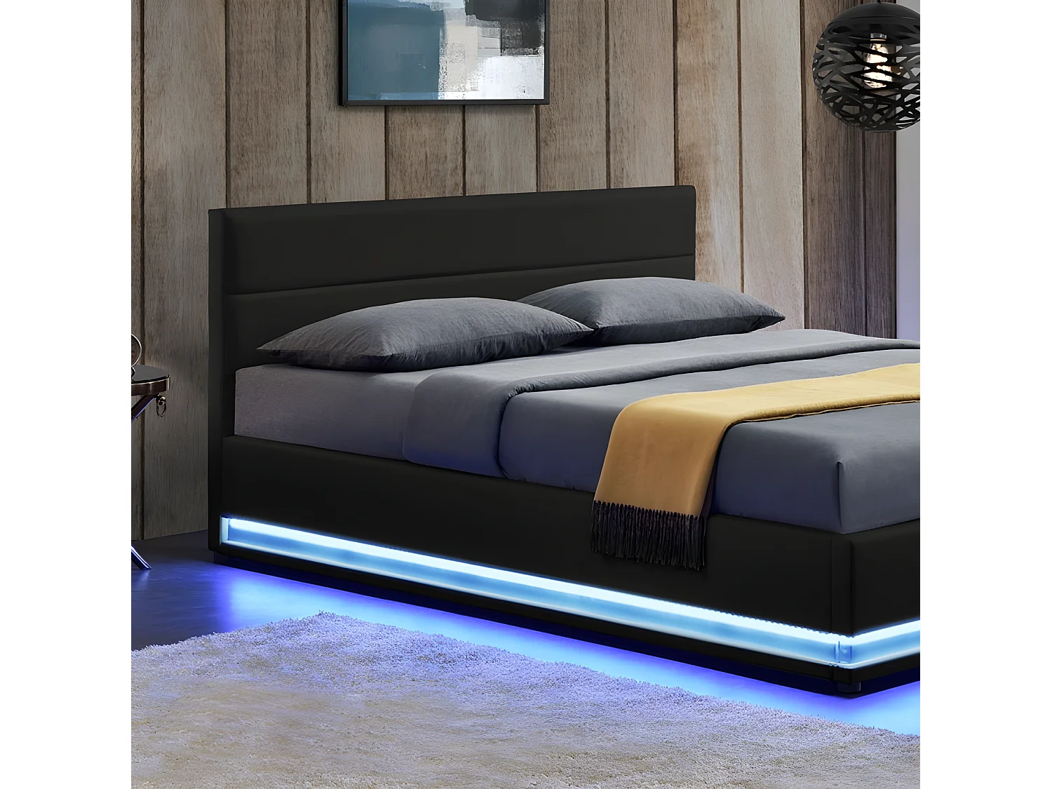 Lit Led Avec Coffre De Rangement Ava - Couleurs - Noir, Tailles - 160x200