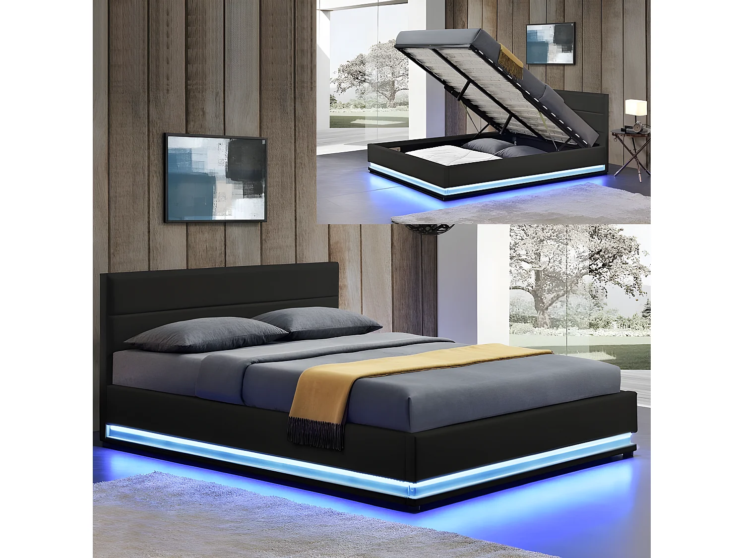 Lit Led Avec Coffre De Rangement Ava - Couleurs - Noir, Tailles - 160x200