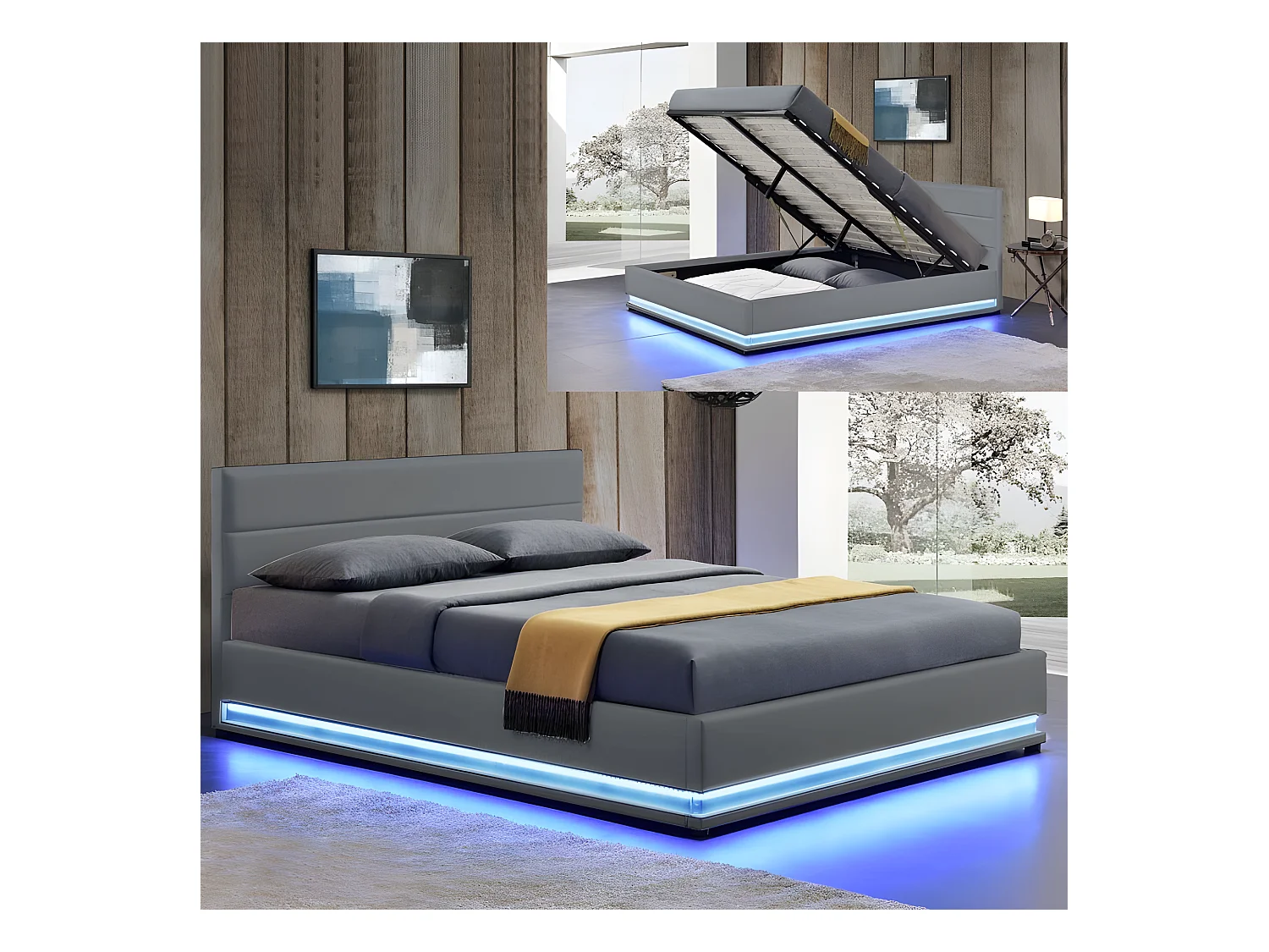Lit Led Avec Coffre De Rangement Ava - Couleurs - Gris, Tailles - 180x200