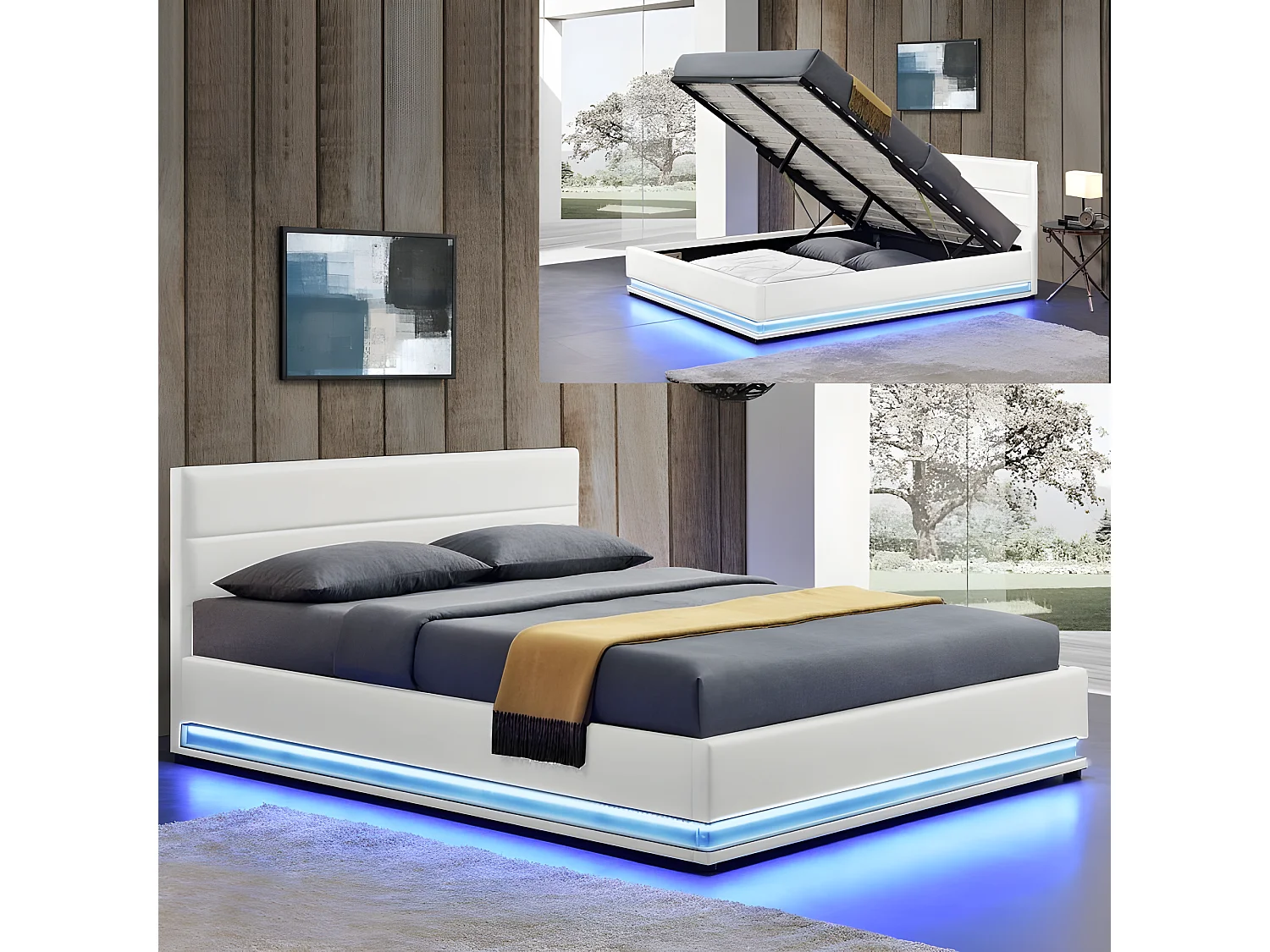 Lit Led Avec Coffre De Rangement Ava - Couleurs - Blanc, Tailles - 180x200