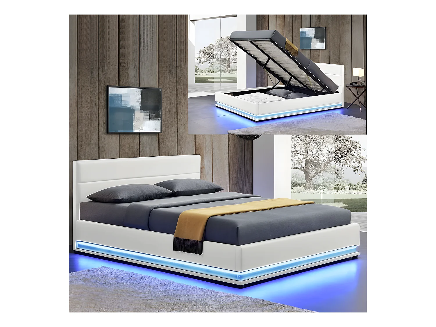 Lit Led Avec Coffre De Rangement Ava - Couleurs - Blanc, Tailles - 180x200