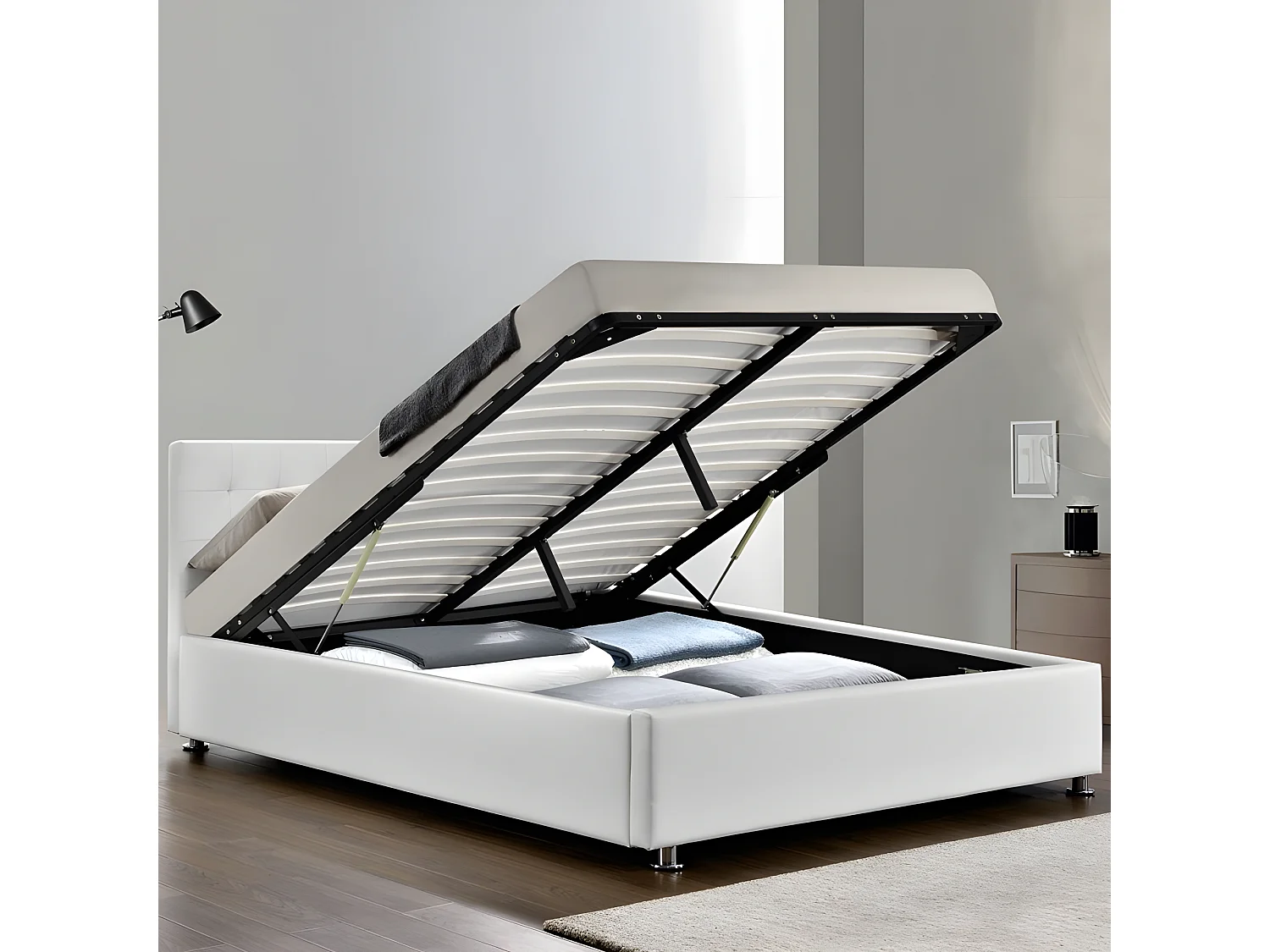 Lit Complet Sommier Relevable + Tête De Lit + Cadre De Lit Capitole - Couleurs - Blanc, Tailles - 14