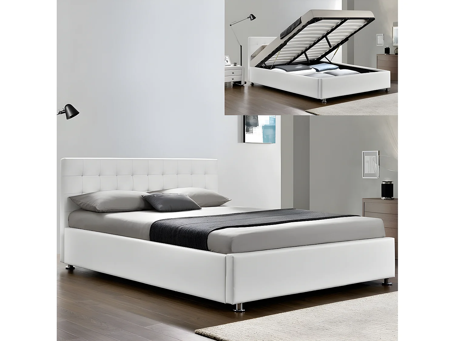 Lit Complet Sommier Relevable + Tête De Lit + Cadre De Lit Capitole - Couleurs - Blanc, Tailles - 14