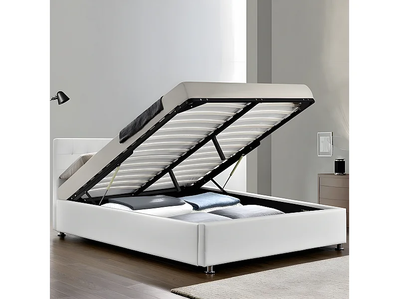 Lit Complet Sommier Relevable + Tête De Lit + Cadre De Lit Capitole - Couleurs - Blanc, Tailles - 16