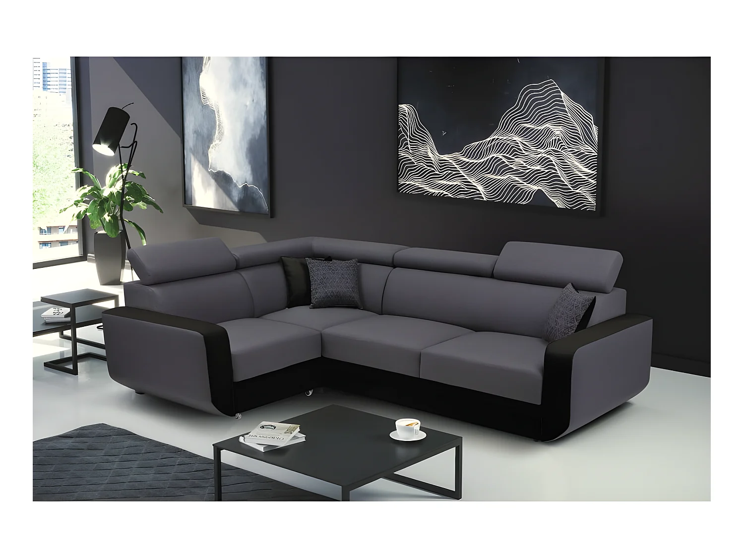 Canapé d'angle convertible et réversible EMPERO N gris et noir